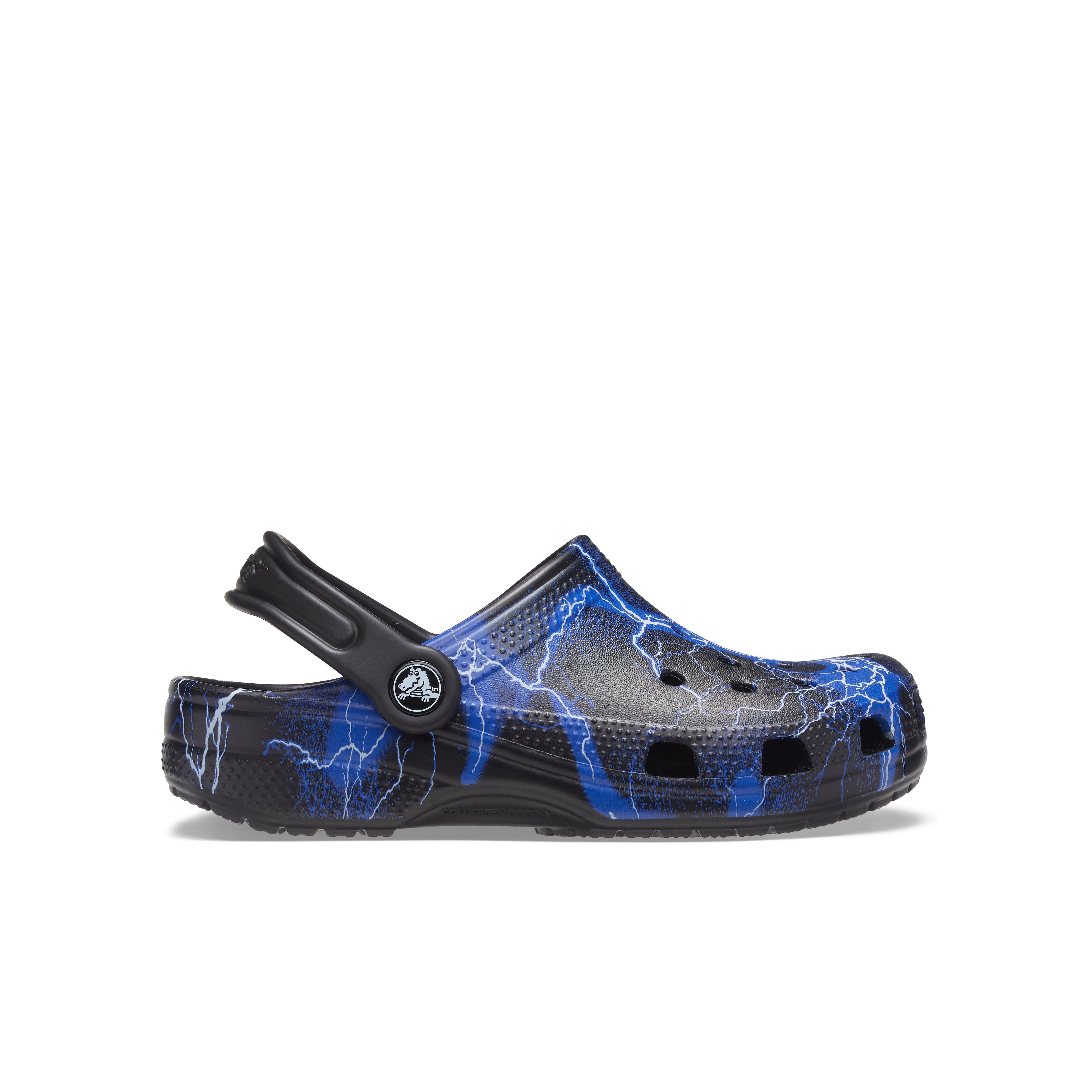 black and blue lightning crocs