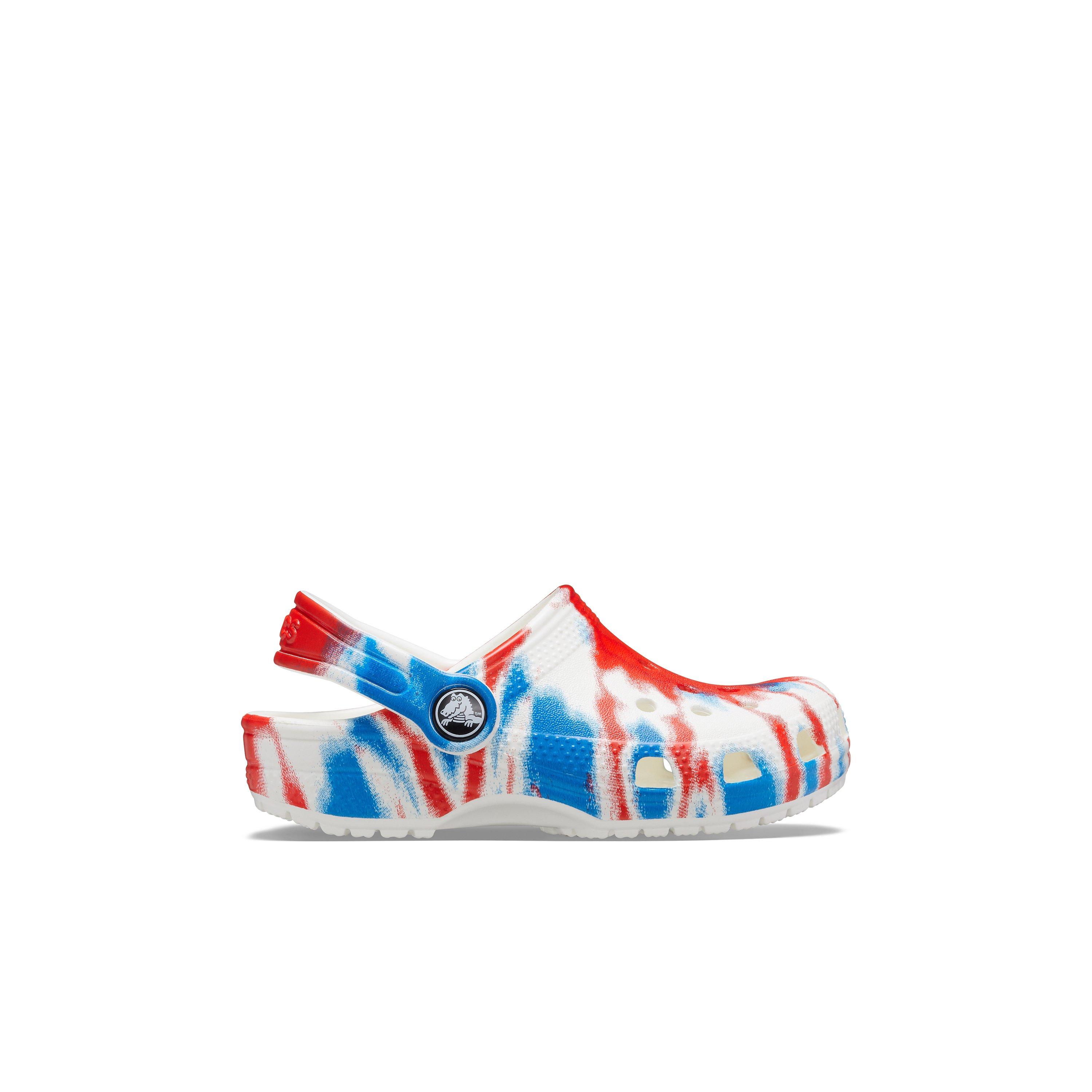 Crocs red white online and blue tie dye