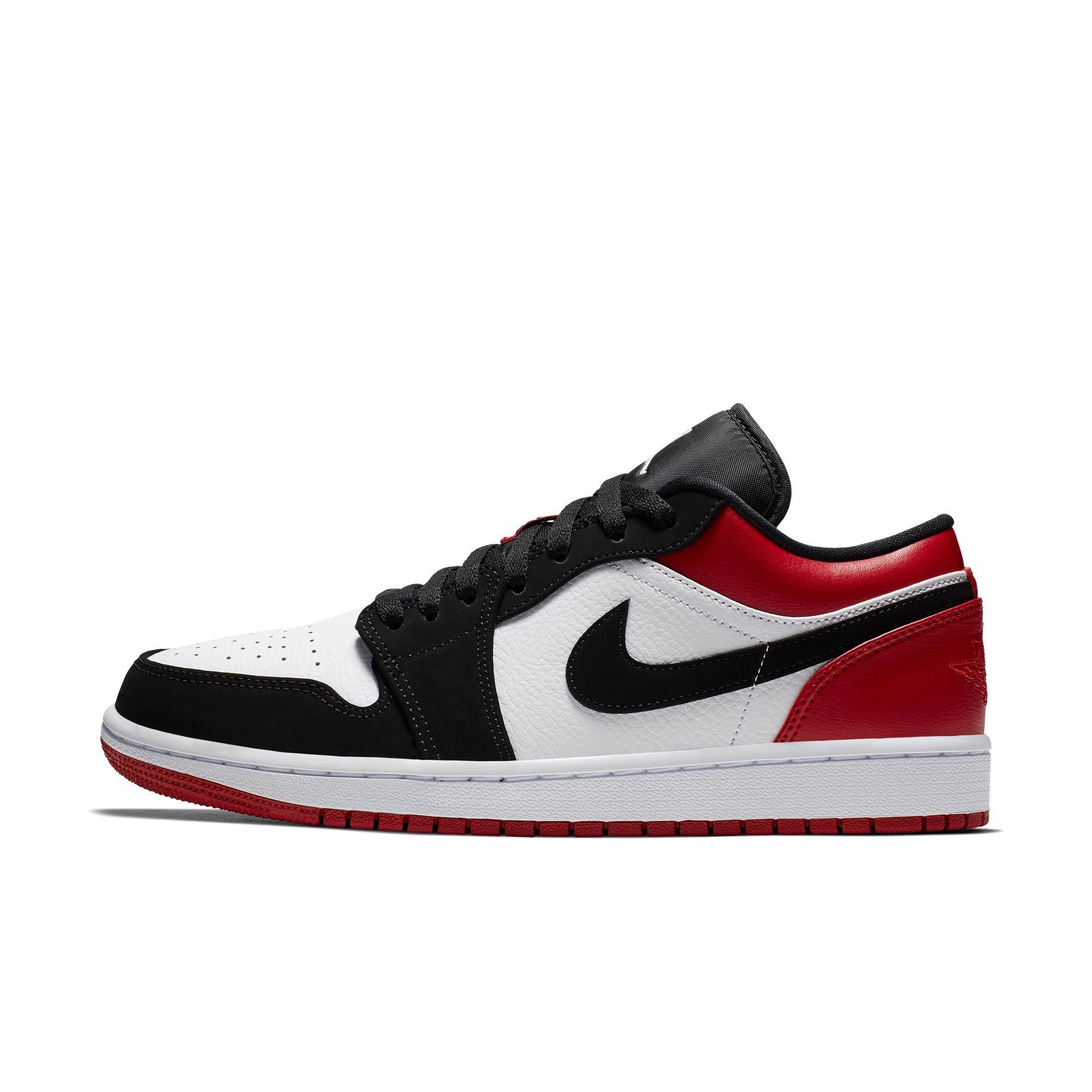 red black and white jordans low top