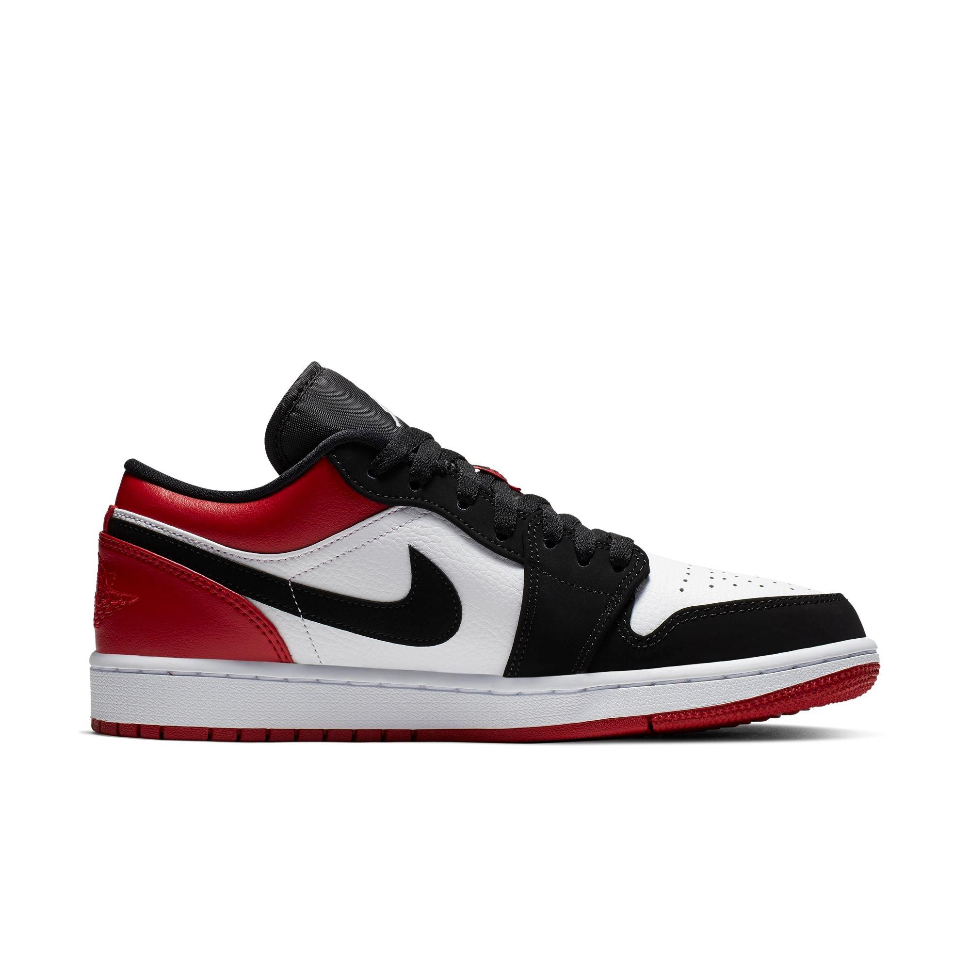 red black and white low top jordans