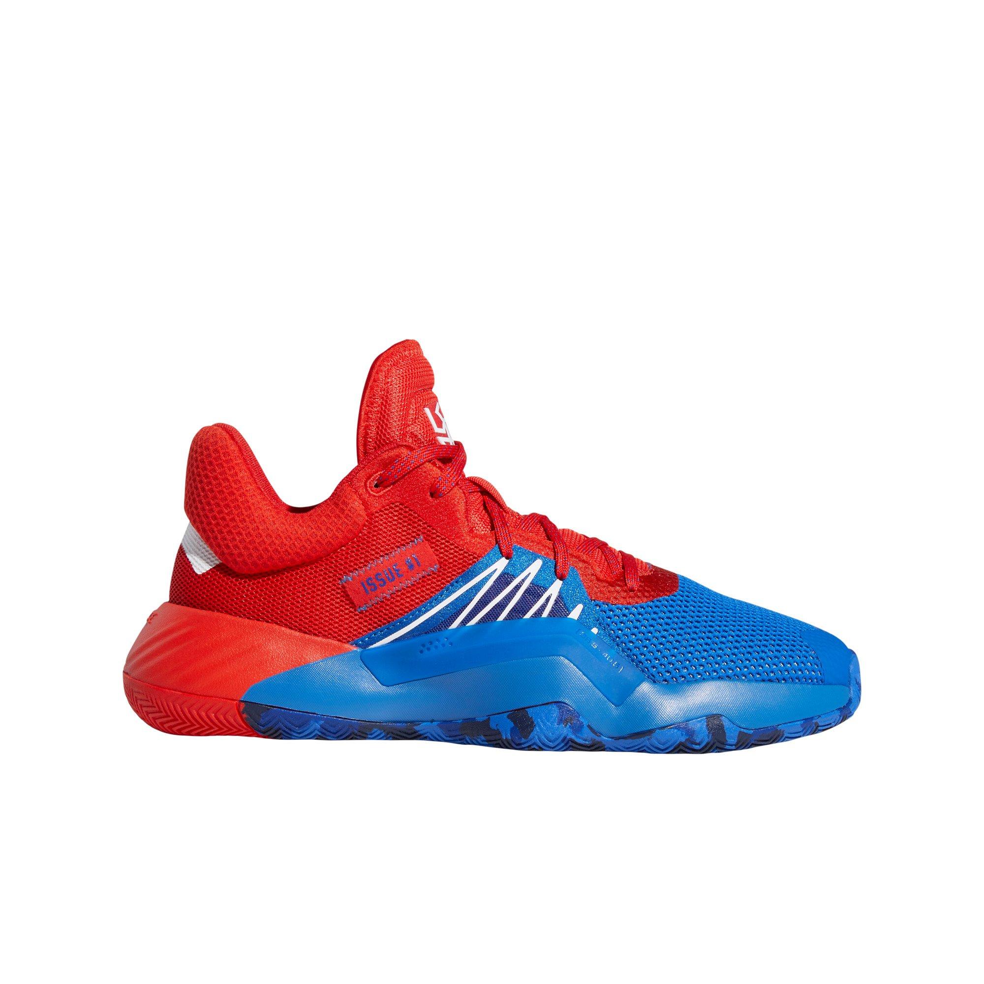 red and blue adidas basketball shoes