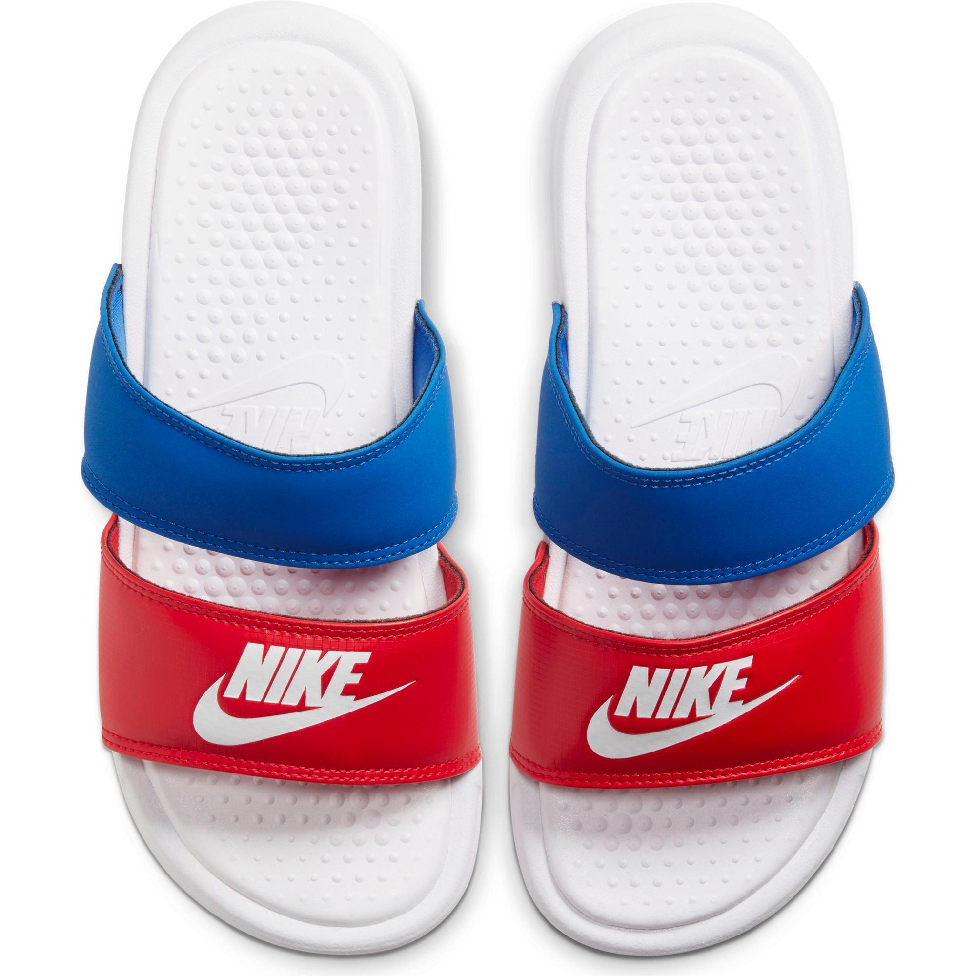 red white and blue nike slides