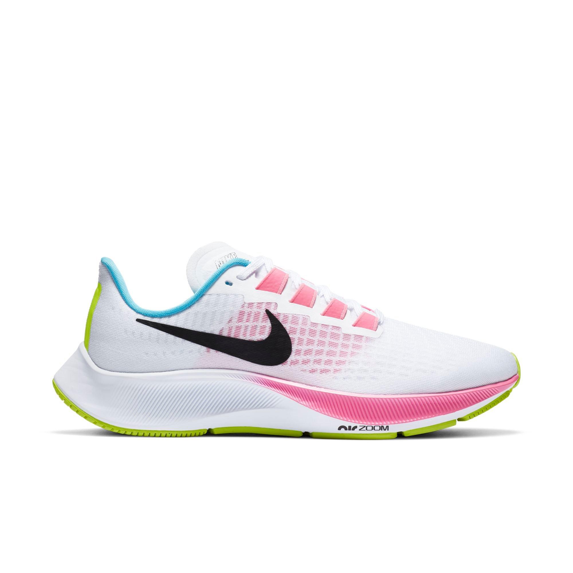 white and pink running shoes