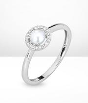 Silver Rhodium Plated Button Pearl & 0.03ct Diamond Ring