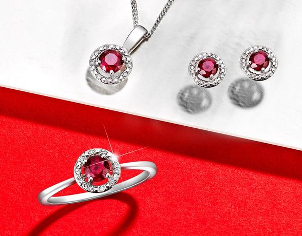 Ruby pendant, ruby ring and ruby stud earrings