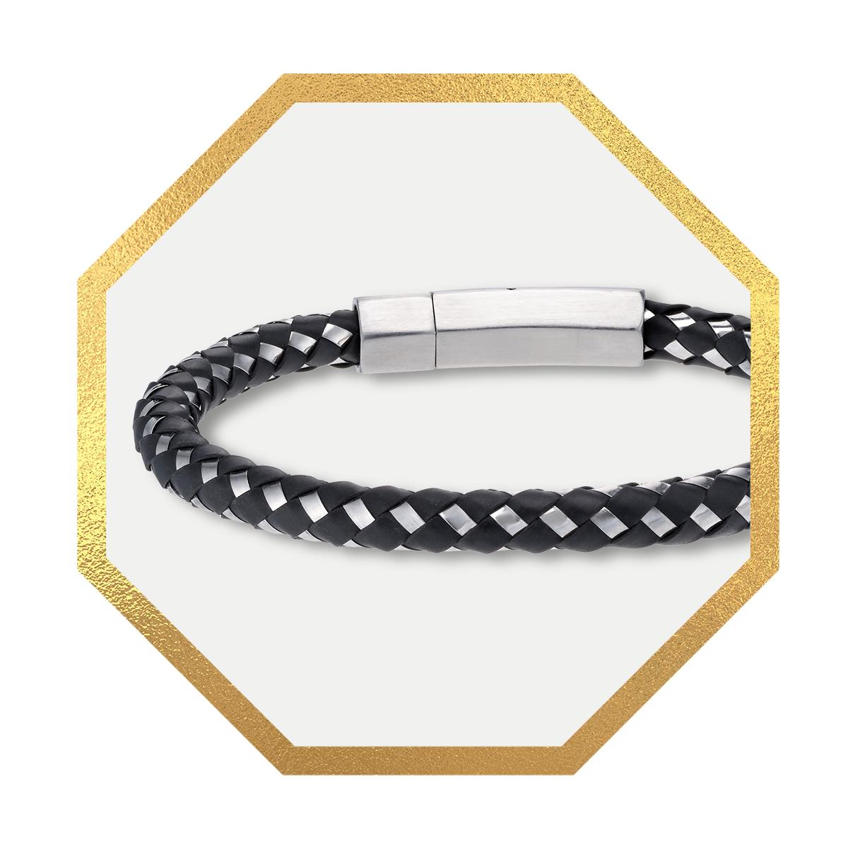 Stainless Steel & Plaited Black Rubber Bracelet