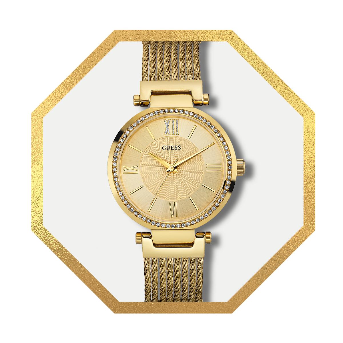 Guess Soho Crystal Ladies' Yellow Gold Tone Bracelet Watch