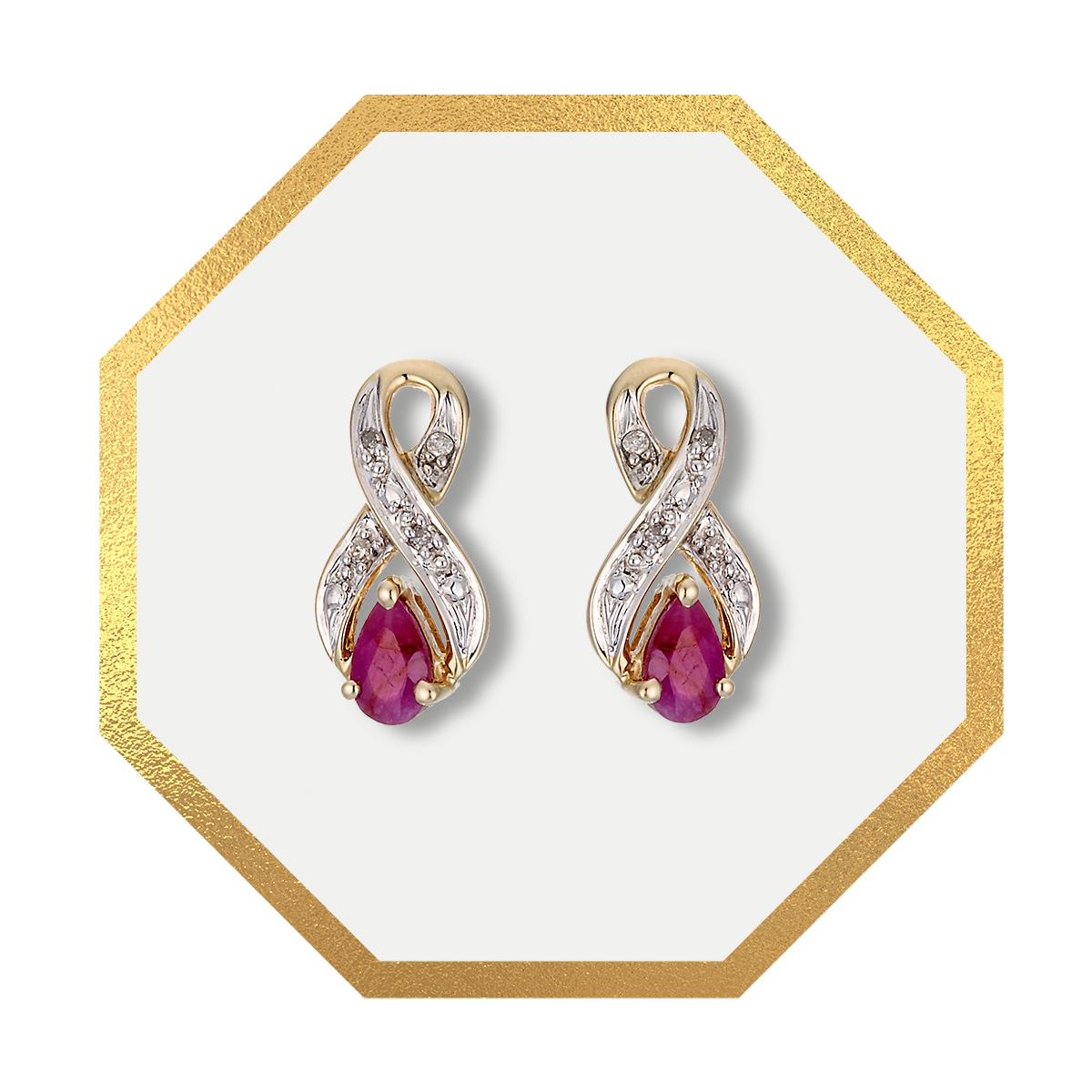 9ct Yellow Gold Rhodium Plated Diamond and Ruby Earrings