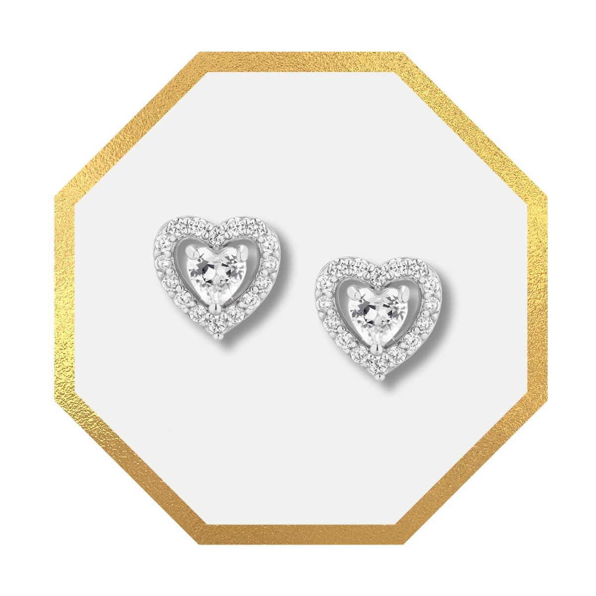 Silver Cubic Zirconia Heart Halo Stud Earrings