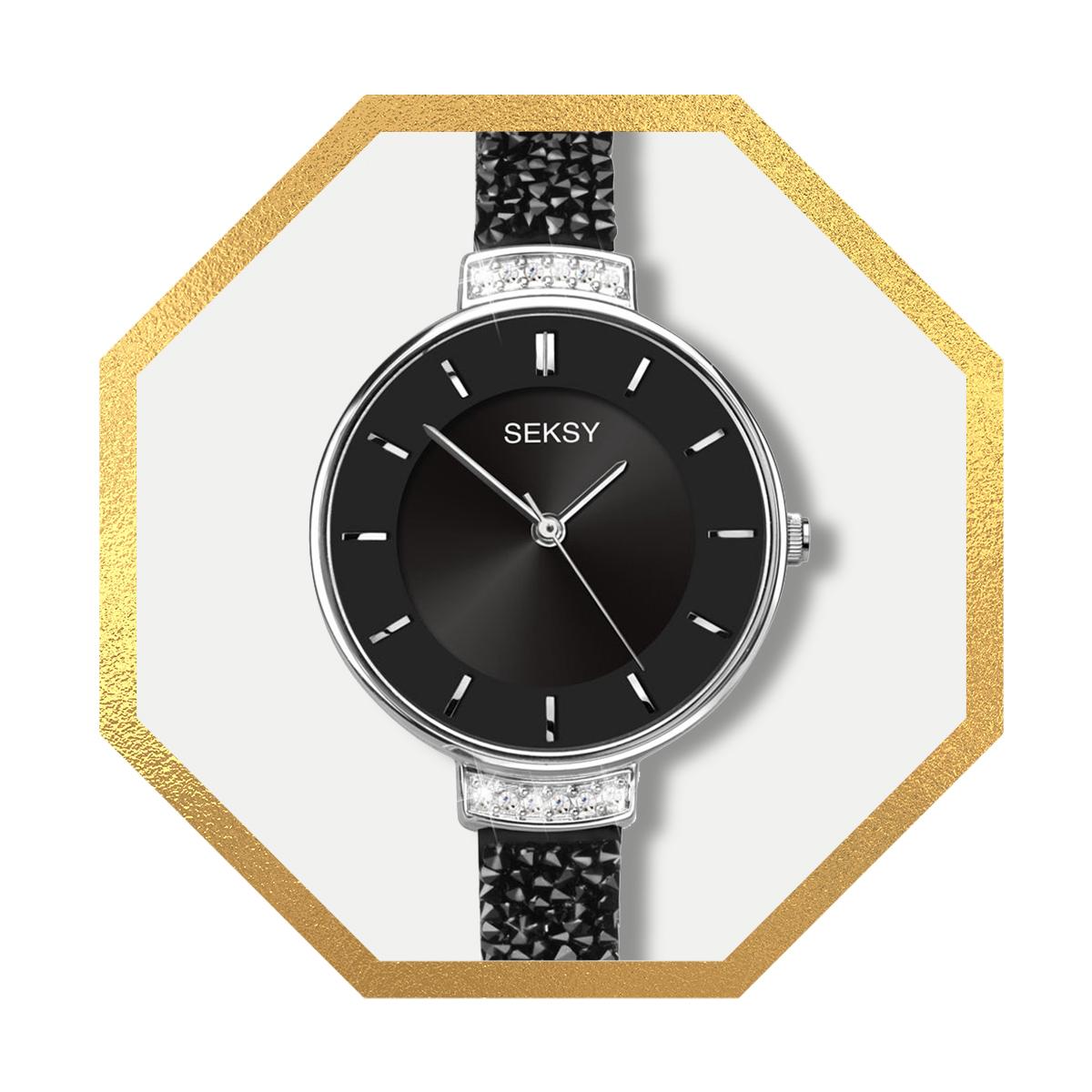 Seksy Rocks® Ladies' Stone-Set Black Strap Watch